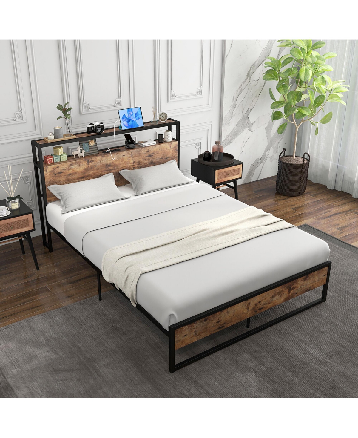 Gymax Full Platform Bed Frame with Charging Station Storage Headboard - Brown+black