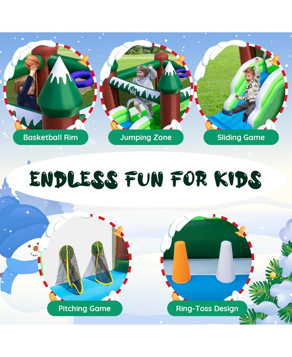 Costway 6-in-1 Winter Themed Snowman Inflatable Castle kids Jumping House with 735W Blower