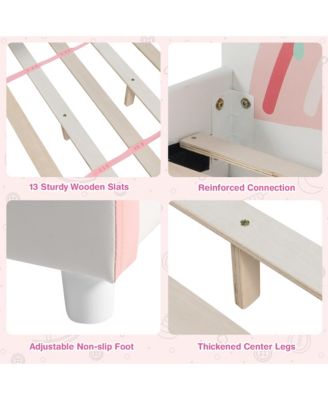 Kids Upholstered Platform Bed Children Twin Size Wooden Bed Rainbow Pattern