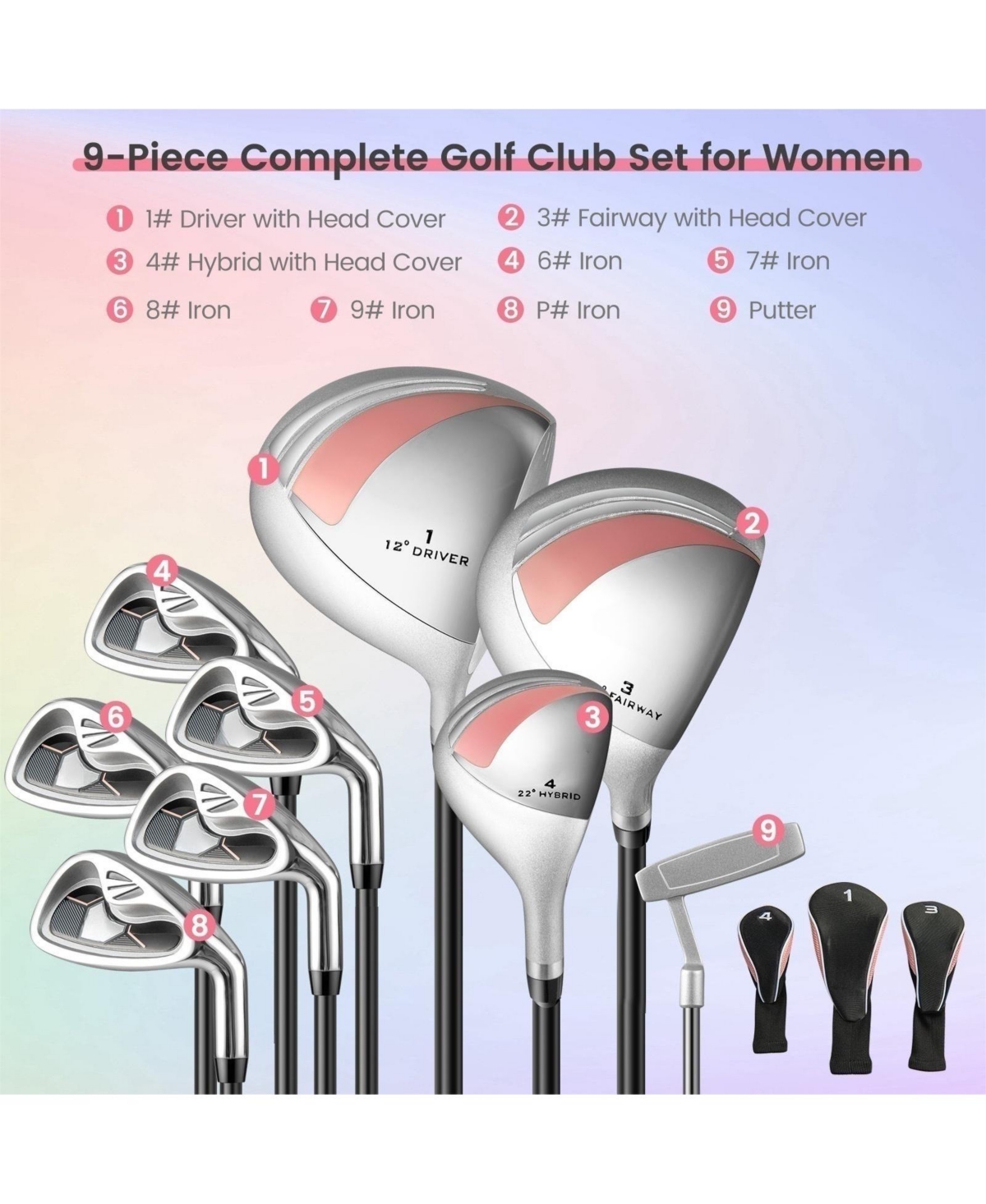 Vebreda Women's 9 Pieces Complete Golf Club Set-Pink