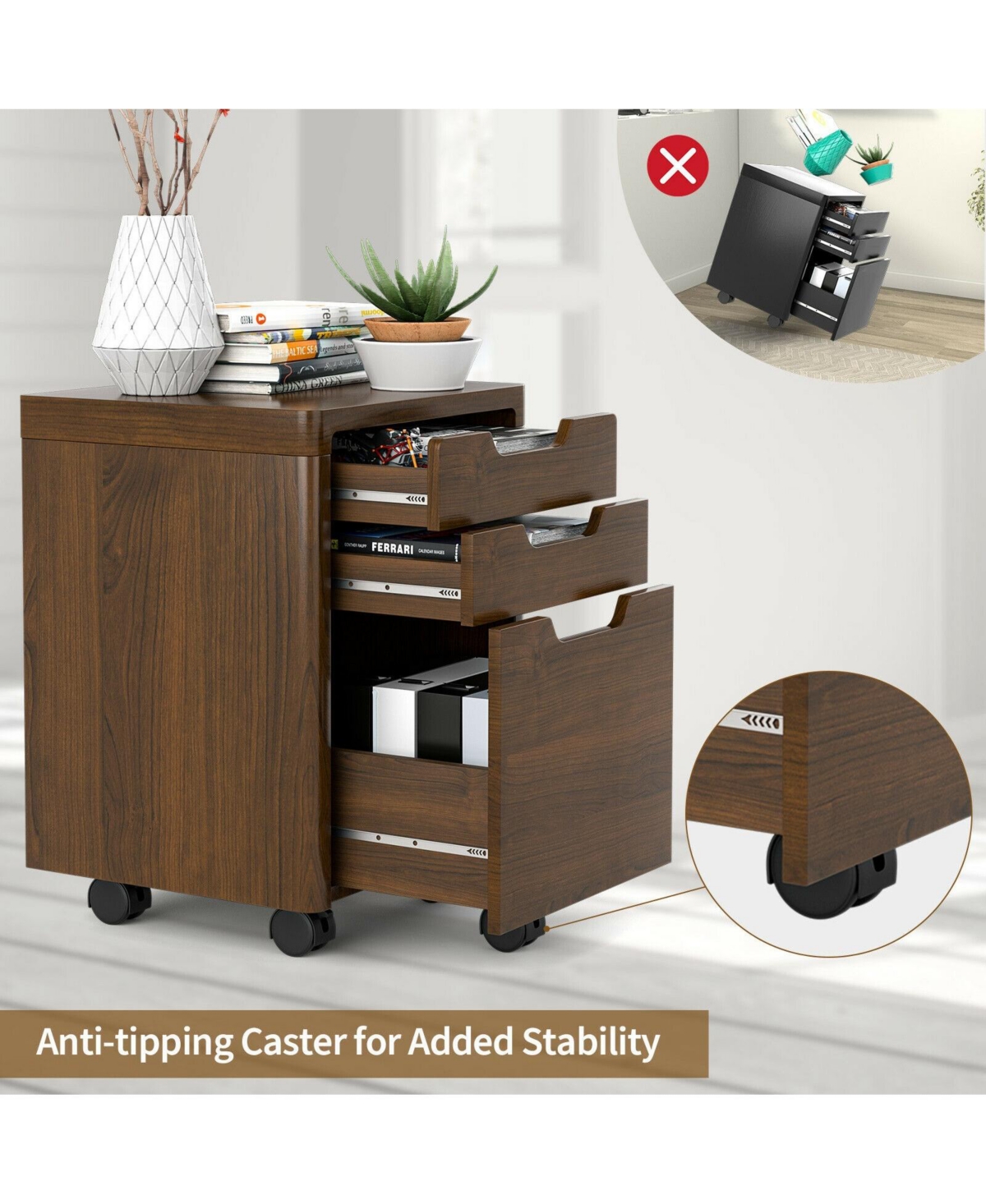 Sugift 3 Drawer Mobile File Cabinet with Lockable Casters