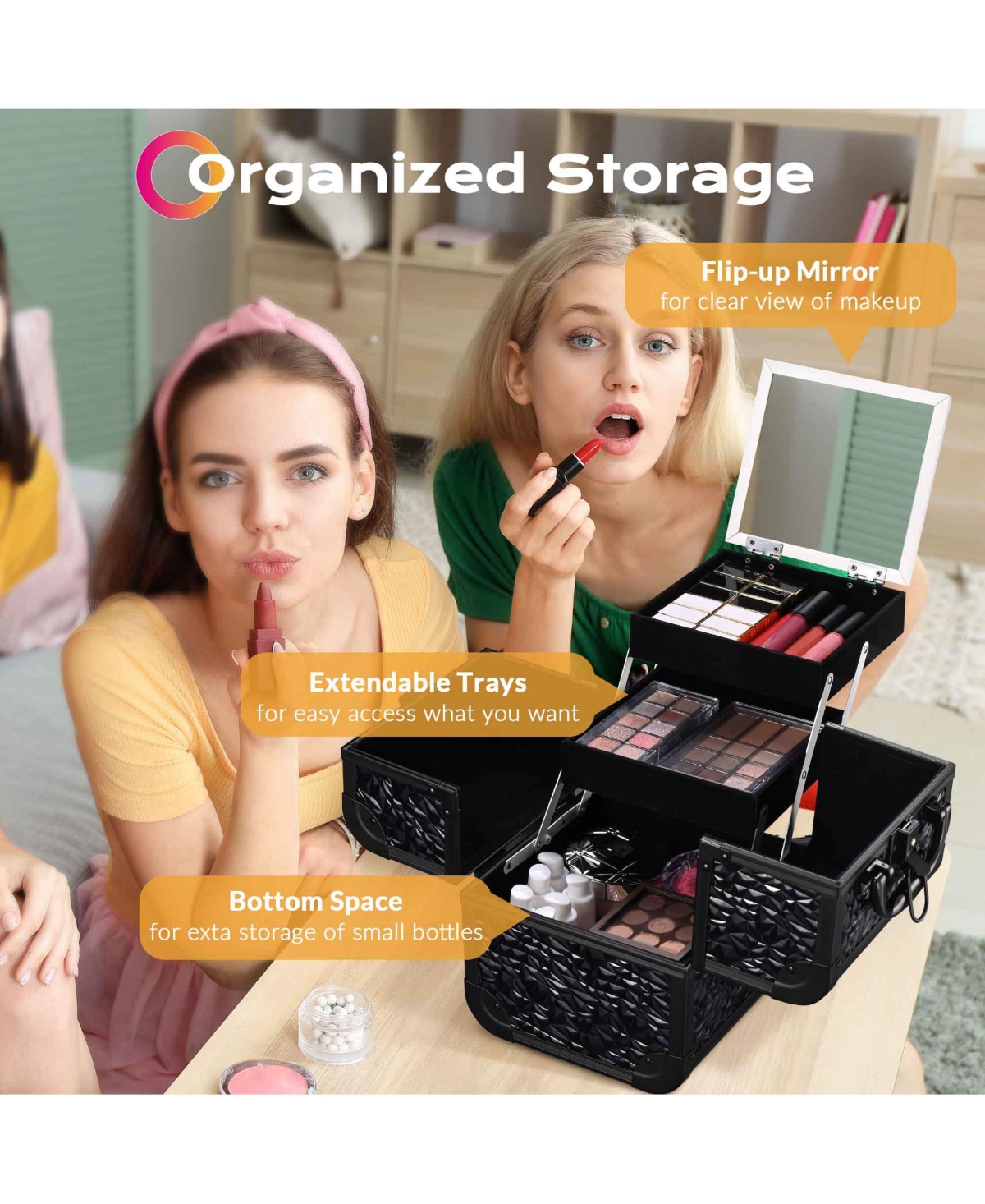 Byootique Makeup Train Case Cosmetic Organizer w/ Mirror Classic Black Artist