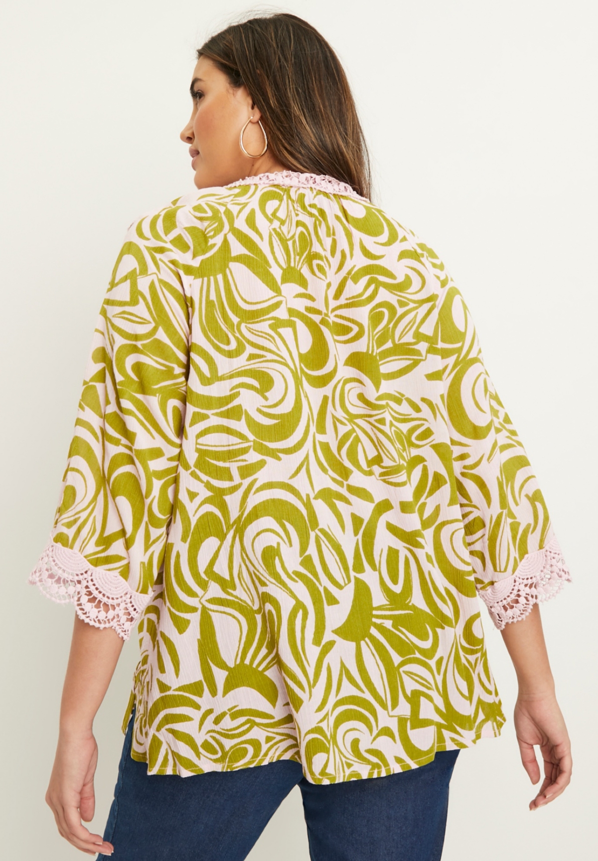 June + Vie Plus Lace-Trim Crinkle Blouse