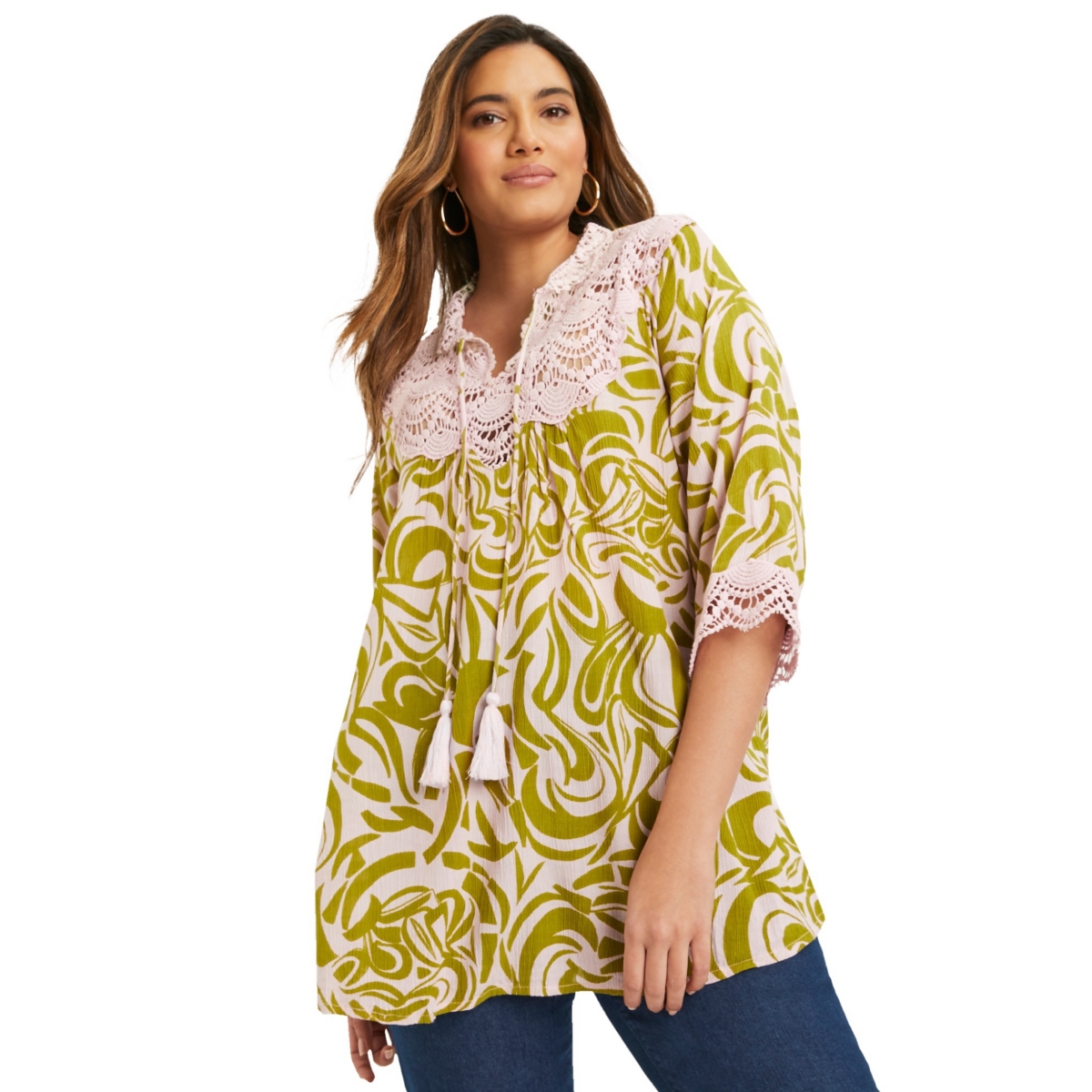 June + Vie Plus Size June + Vie Lace-Trim Crinkle Blouse