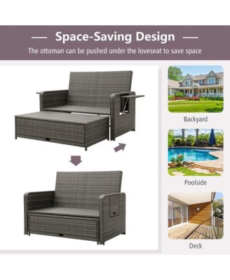 Wicker Loveseat Sofa Set Patio Rattan Daybed with Ottoman & Retractable Side Tray