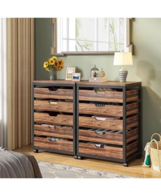 5-Drawer Wood Storage Cabinet with Wheels – Industrial Organizer Cart for Office, Bedroom, Entryway