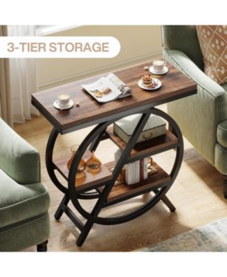 End Table Set of 2, 3-Tier Narrow Sofa Side Table with Storage for Living Room, Wood End Table with Geometric Metal Frame, Industrial Nightstand and Bedside Table for Bedroom