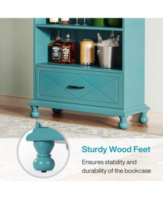 6-Shelf Bookcase Set of 2, 71 Inch Tall Floor Standing Bookshelf with Drawer and Solid Wood Legs, 6-Tier Large Open Display Storage Book Shelf for Home Office, Ocean Blue