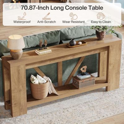 70.9-Inch Extra Long Console Table, 2-Tier Farmhouse Sofa Table Behind Couch, Large Engineered Wood Entry Console, Brown