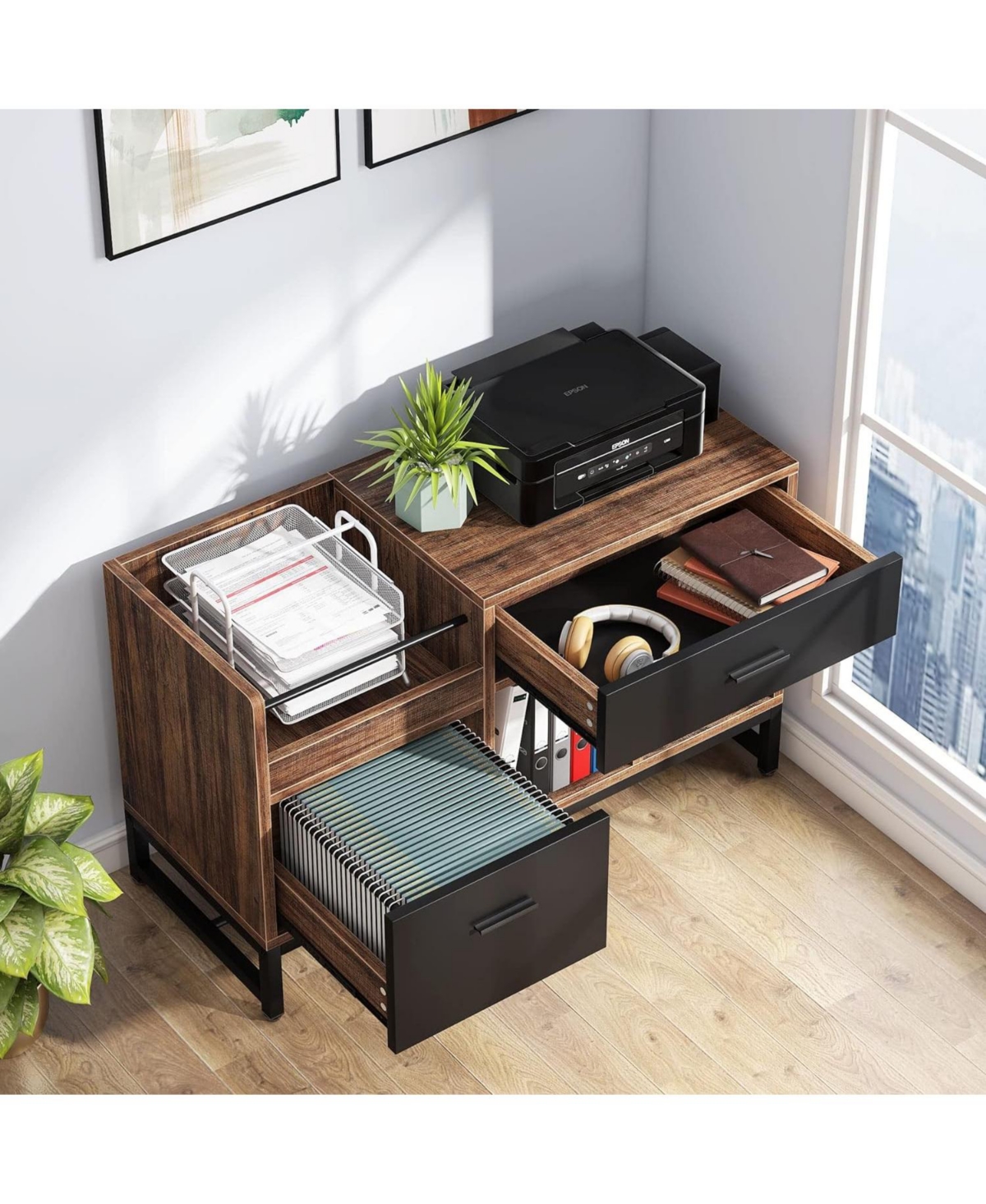 Tribesigns Rustic Brown 39 inch File Cabinet with 2 Drawers, Lateral Filing Cabinets, Printer Stand with Open Storage Shelves and Letter Size/A4 Size