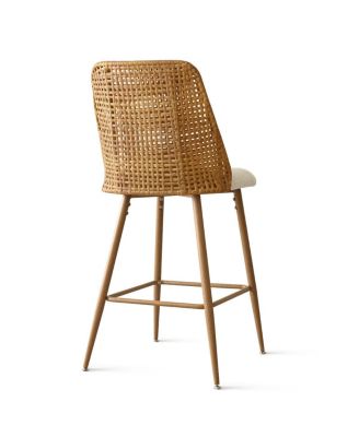Set of 2 Modern 27-Inch Counter Stools with Boucle Upholstery and Faux Rattan Design
