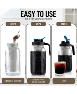 Premium Cold Brew Coffee Maker - 64oz Mason Jar With Leak-Proof Lid & Extra Thick Glass