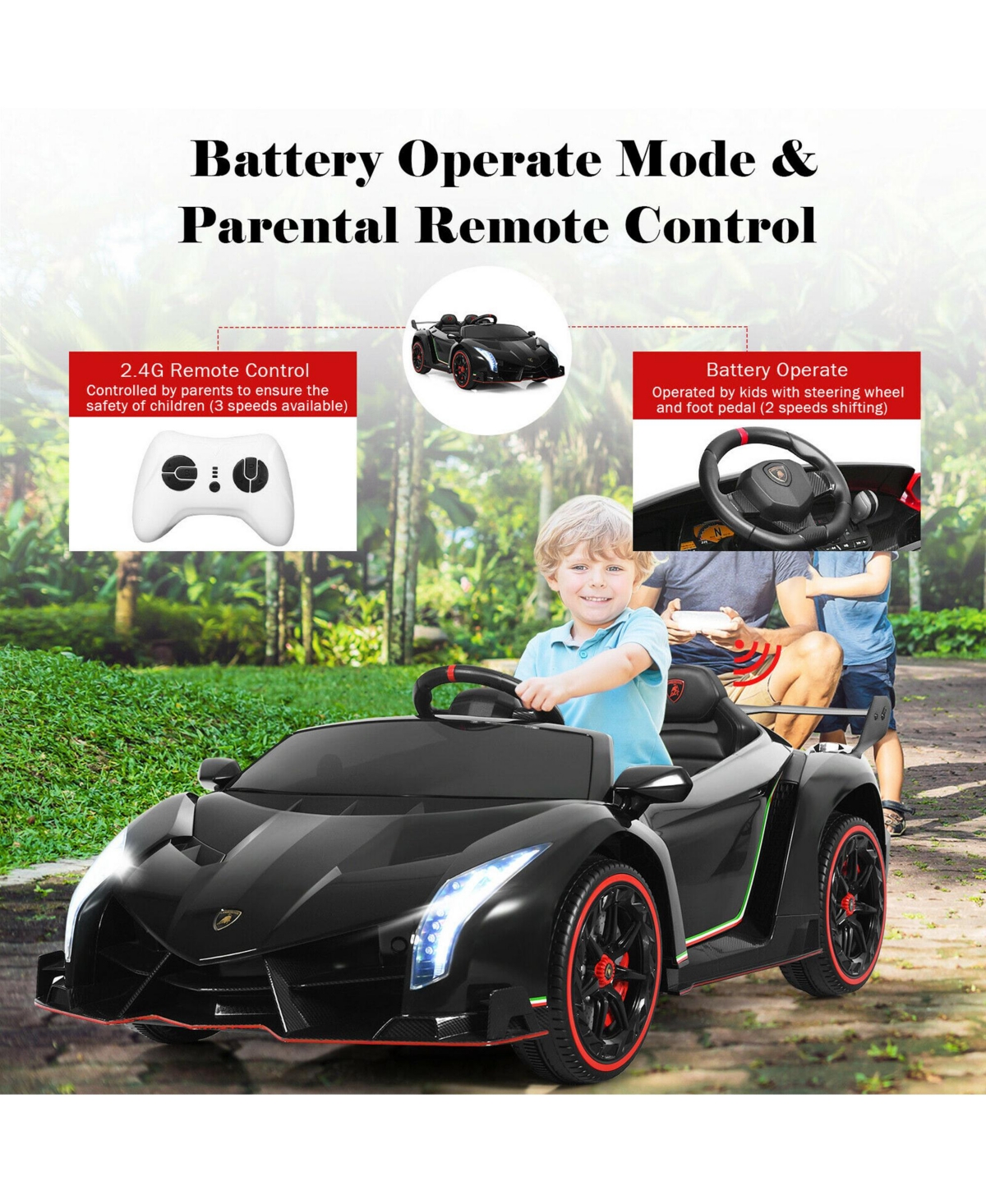 Gymax 12V 2-Seater Licensed Lamborghini Kids Ride On Car w/ Rc & Swing Function Green - Black+red