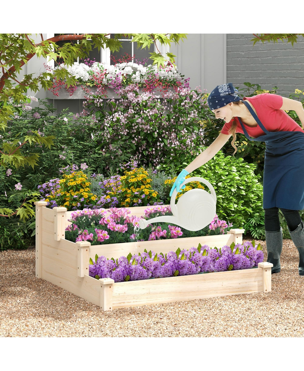 3-Tier Wooden Raised Garden Bed with Open-Ended Base Growing Planter for Backyard