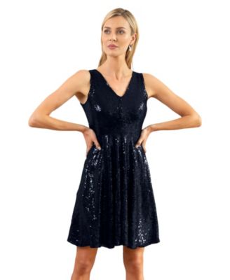 Women's Sequin V Neck Fit and Flare Dress