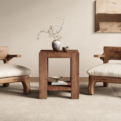 19.69" Solid Wood Side Table, Farmhouse 2-Tier End Table with Storage Shelves, Rustic Brown