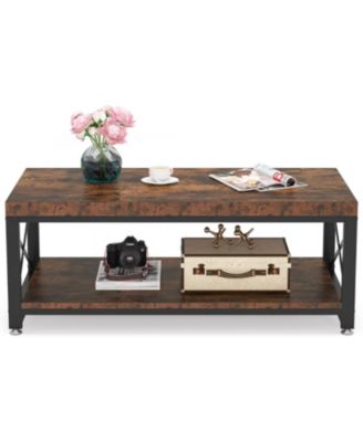 19.69" Solid Wood Side Table, Farmhouse 2-Tier End Table with Storage Shelves, Rustic Brown