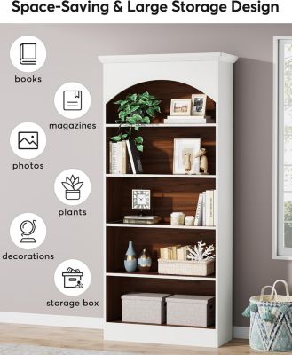 5-Shelf White Bookcase, 70.9'' Tall Bookshelf with Storage Shelves, Vintage Free-Standing Library Book Shelving Unit