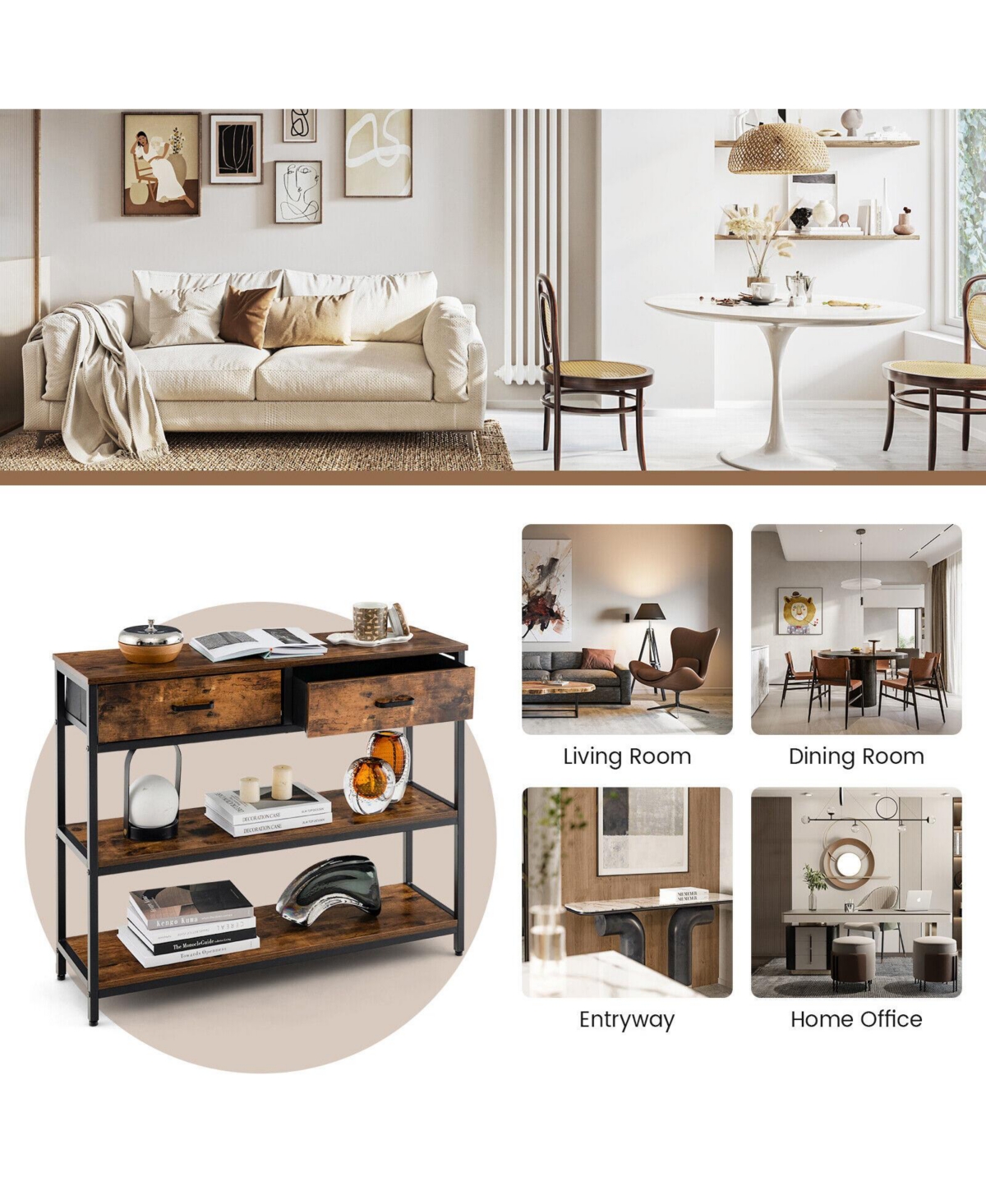 Sugift Console Table with Folding Fabric Drawers for Entryway-Rustic Brown