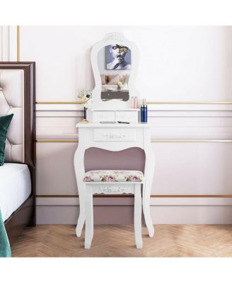 Makeup Dressing Table and Bench 3 Drawers and Cushioned Stool for Girls
