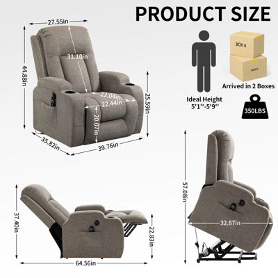  Up to 350 lbs Capacity  Chenille or Faux Leather Power Lift, Massage & Heating, USB Port, Cup Holders Recliner Chair