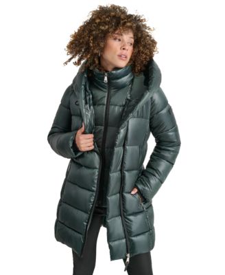 Women's Bibbed Shawl-Collar Packable Shine Puffer Coat