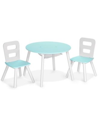 Kids Wooden Round Table & 2 Chair Set w/ Center Mesh Storage