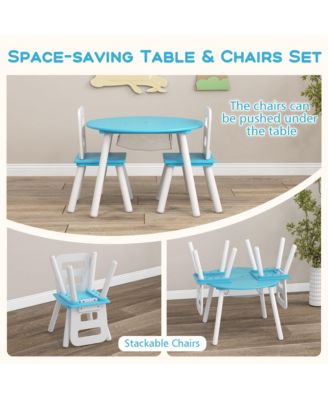 Kids Wooden Round Table & 2 Chair Set w/ Center Mesh Storage