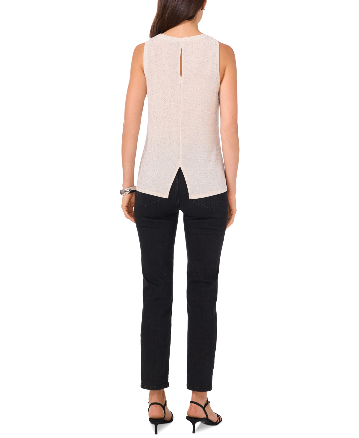 Shop Vince Camuto Women's Keyhole Split-back Sleeveless Shine Top In Soft Cream