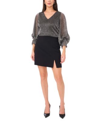 Women's Metallic V-Neck Sheer-Sleeve Top