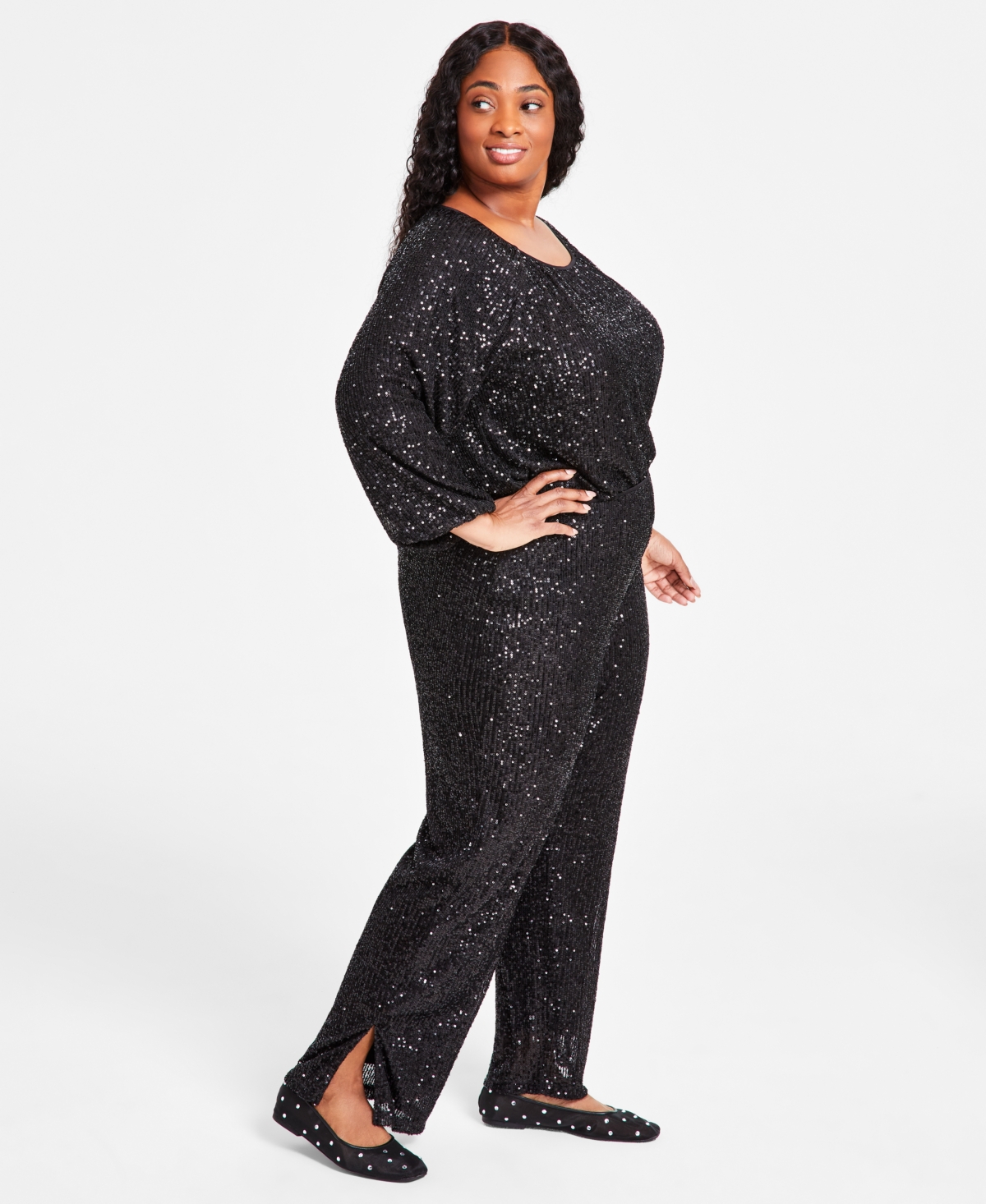 Jm Collection Plus Size Sequin Wide-Leg Split-Hem Pants, Created for Macy's