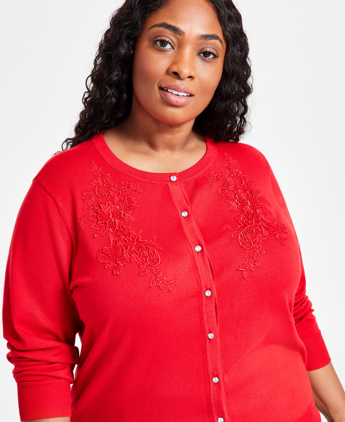 JM COLLECTION PLUS SIZE APPLIQUE LONG-SLEEVE BUTTON-FRONT CARDIGAN, EXCLUSIVELY AT MACY'S 