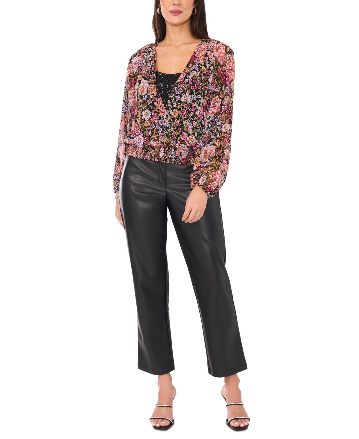 VINCE CAMUTO WOMEN'S FLORAL-PRINTED FAUX-WRAP TOP 