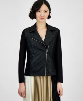 Anne Klein - Women's Mixed-Media Asymmetric-Zip Jacket