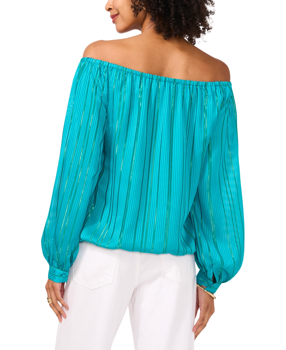 Shop Vince Camuto Women's Metallic-striped Off-the-shoulder Long-sleeve Tie-front Blouse In Cool Lapis