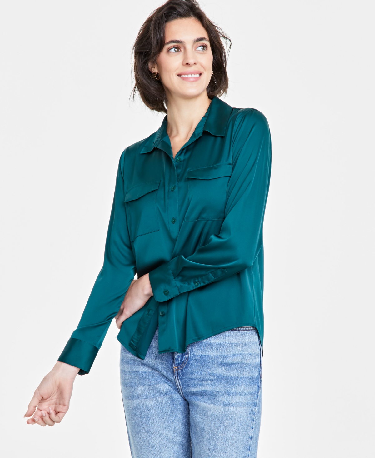 ON 34TH WOMEN'S BUTTON-FRONT LONG-SLEEVE SATIN UTILITY SHIRT, CREATED FOR MACY'S 