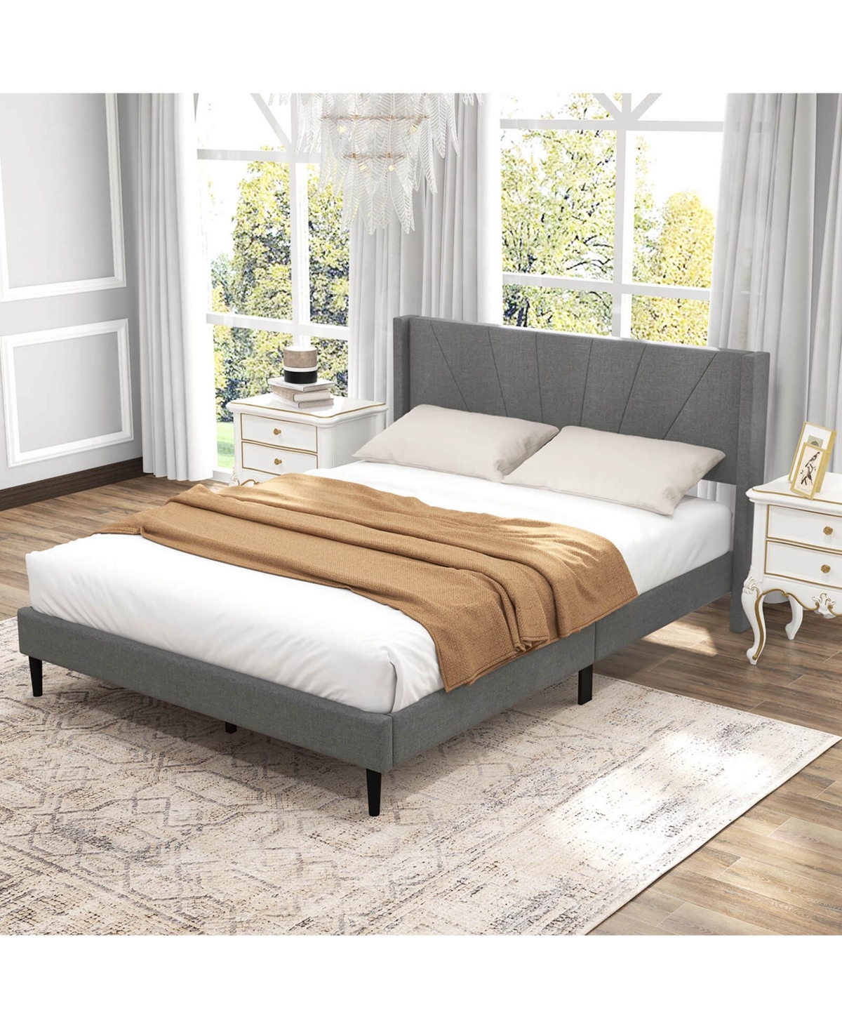Costway Queen Bed Frame Modern Platform Bed with Linen Upholstered Wingback Headboard
