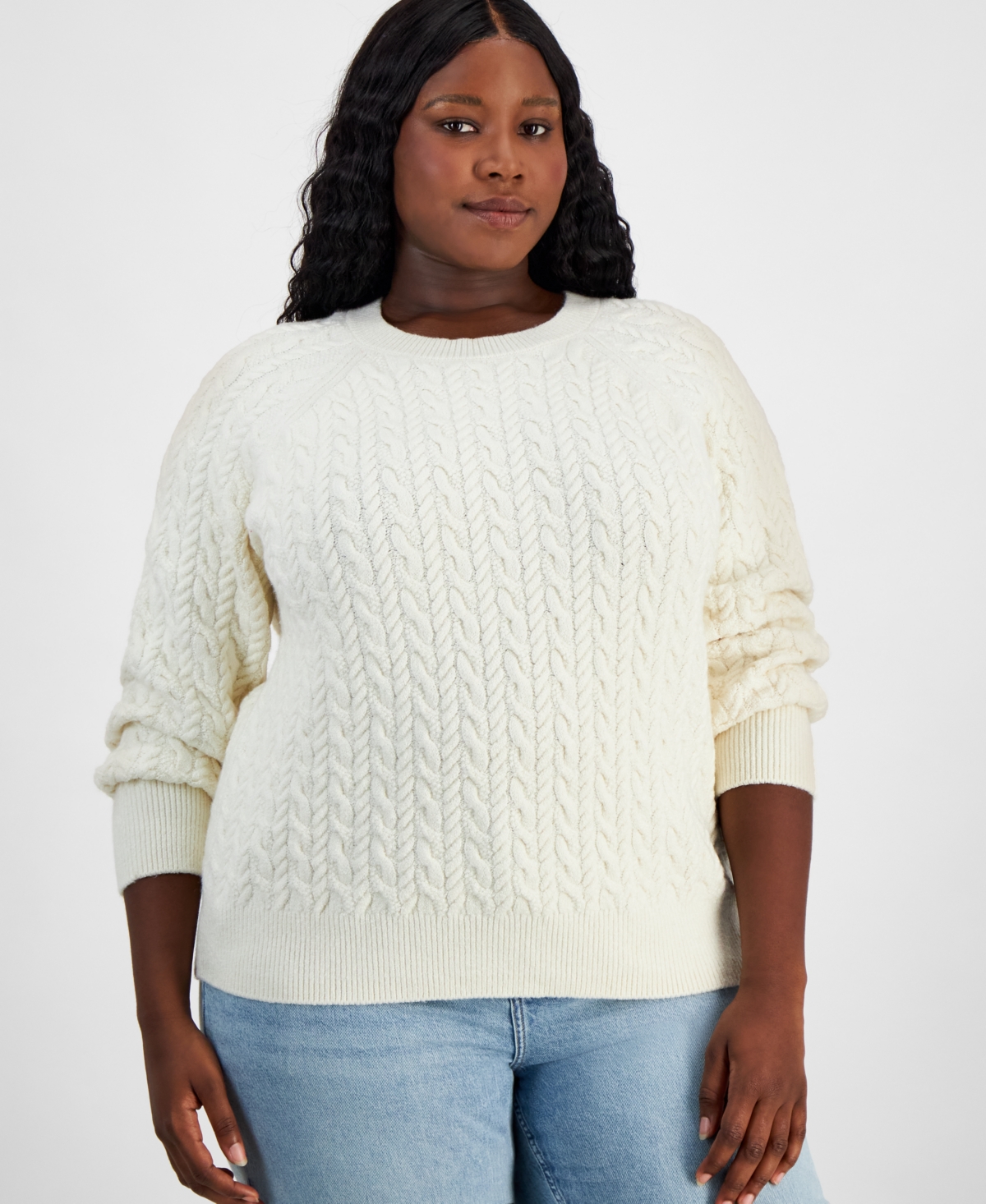 ON 34TH TRENDY PLUS CABLE-KNIT CREWNECK SWEATER, CREATED FOR MACY'S 