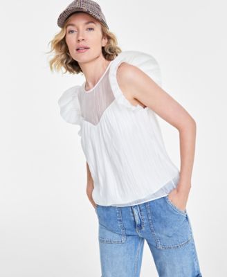 On 34th - Women's Illusion-Yoke Ruffled Cap-Sleeve Top