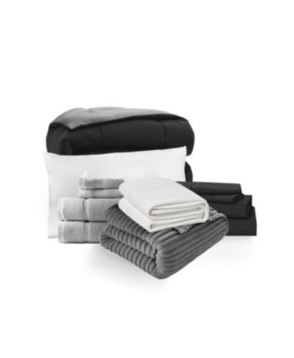 14 Piece Complete College Dorm Room Essentials Bedding & Bath Bundle - Twin XL - Black And Burgundy