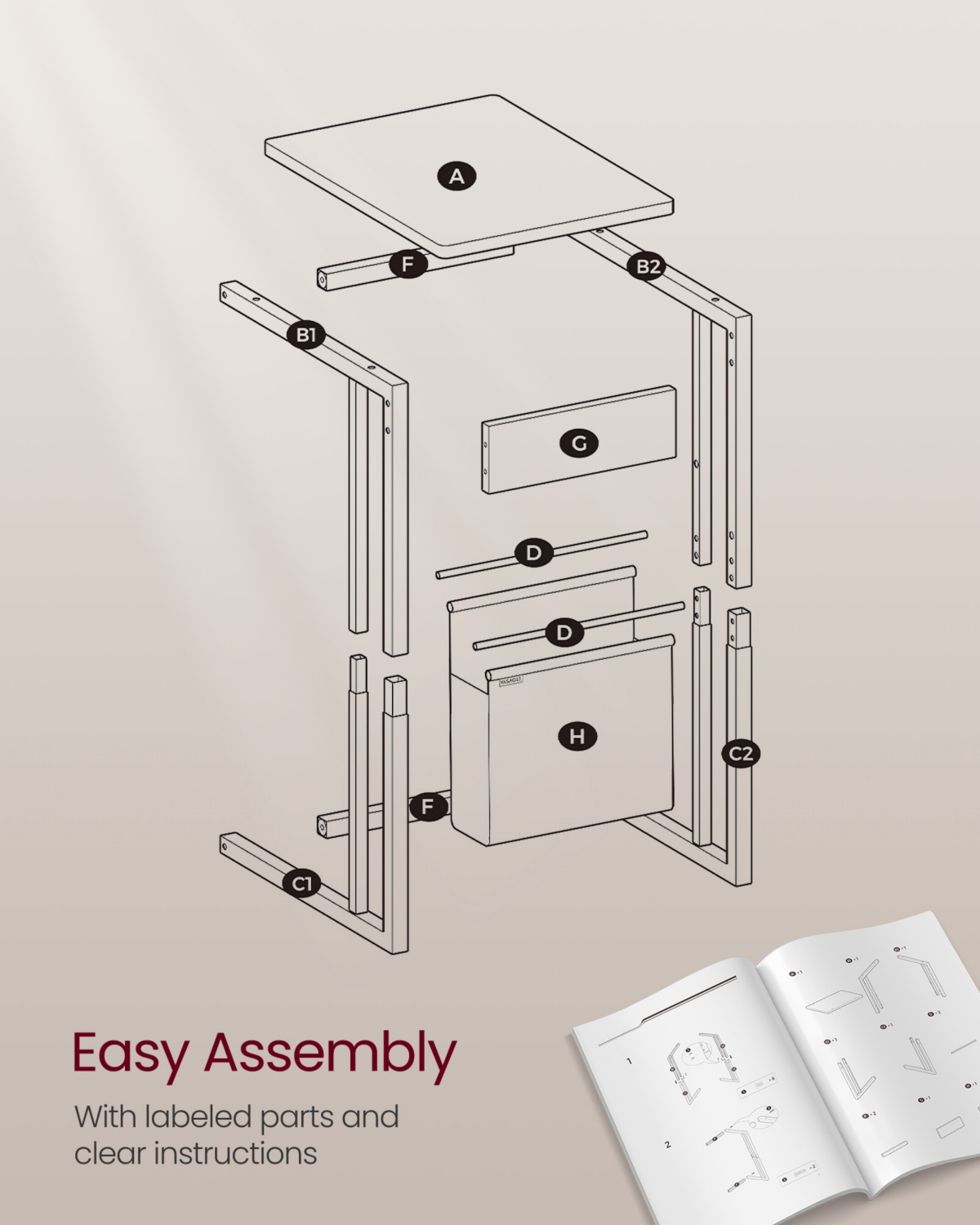 Slickblue C-Shaped Side Table with Fabric Storage Bag & Wheels for Easy Mobility