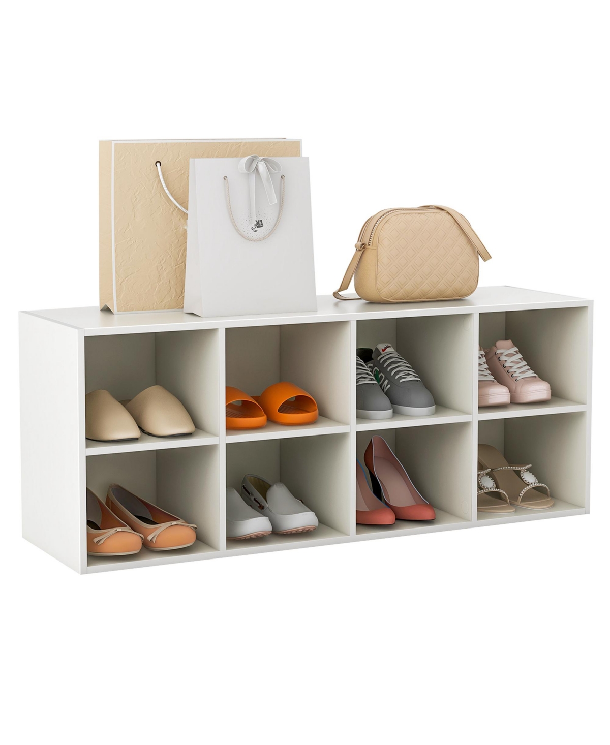 8 Cubbies Shoe Bench with 500 Lbs Weight Capacity Cubby Shoe Rack Storage Cabinet - White