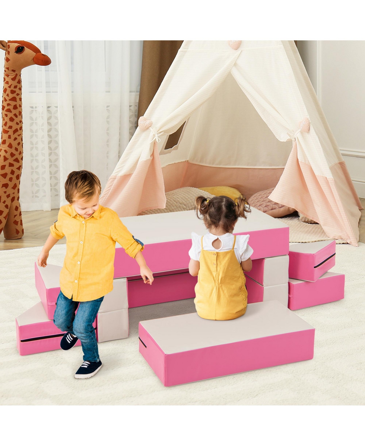 Costway Children Modular 6-Piece Combination Sofa Set with Pu Leather Cover for Playroom