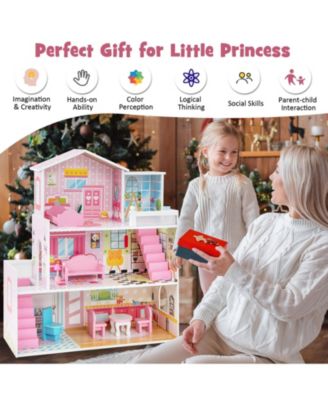 Kids Wooden Dollhouse Playset with 5 Simulated Rooms and 10 Pieces of Furniture
