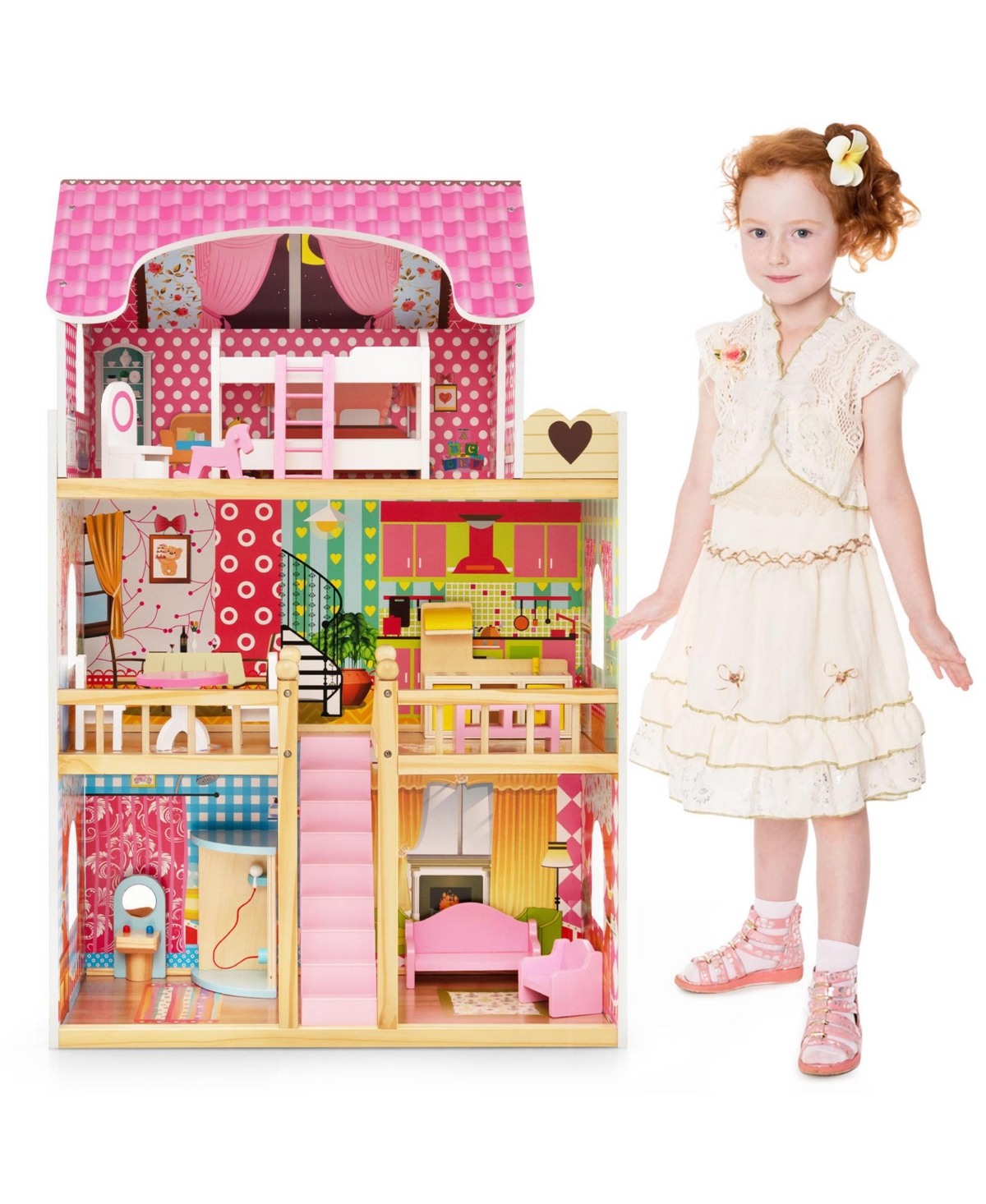 Inolait Doll House Playset with 3 Stories and 6 Simulated Rooms and 15 Pieces of Furniture