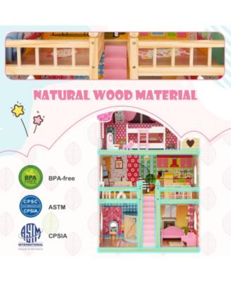 Doll House Playset with 3 Stories and 6 Simulated Rooms and 15 Pieces of Furniture