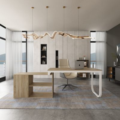 55.1 in. L-Shaped Brown Wood Computer Desk Writing Desk Office Executive Desk W/Removable Tabletop, Shelves, 3-Drawers