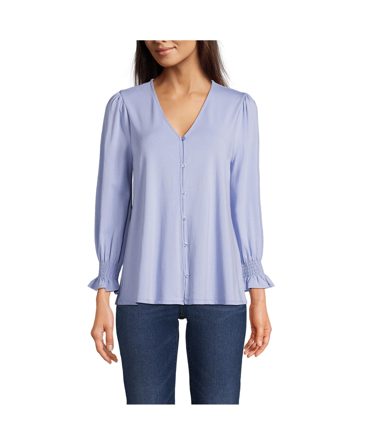 Women's 3/4 Sleeve Lightweight Jersey Button Front Top - Light cornflower