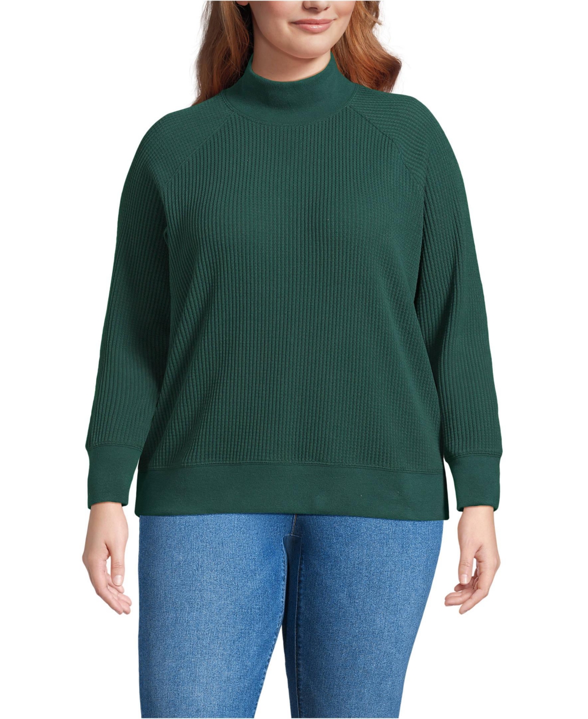 Lands' End Plus Size Waffle Relaxed Long Sleeve Mock Neck Pullover