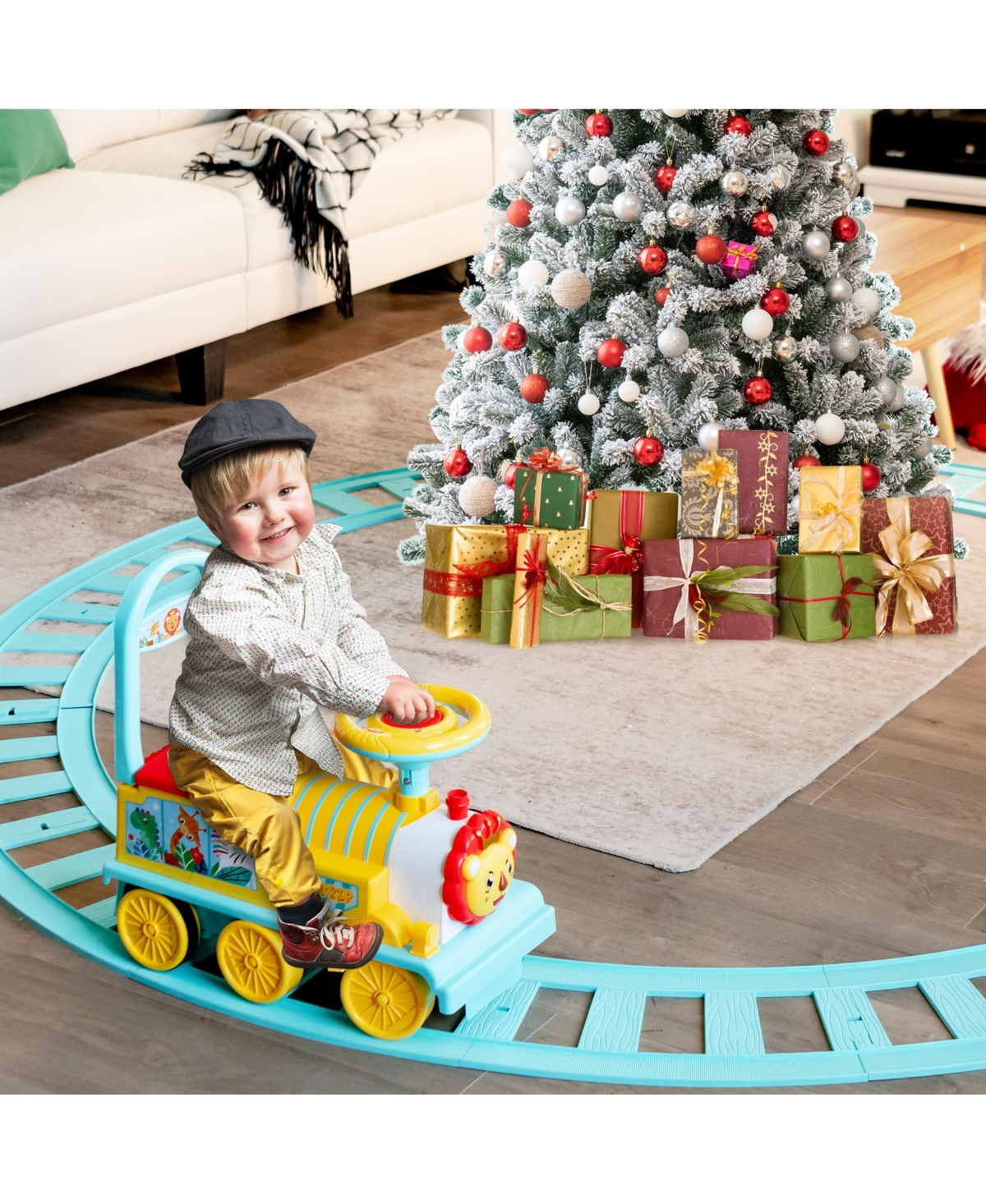 Gymax 6V Electric Kids Ride On Train Motorized Train Toy w/ Track & 6 Wheels Green - Blue+red+yellow